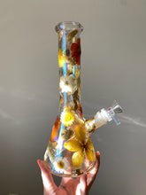 Load image into Gallery viewer, iridescent bong with orange flowers and gold flecks