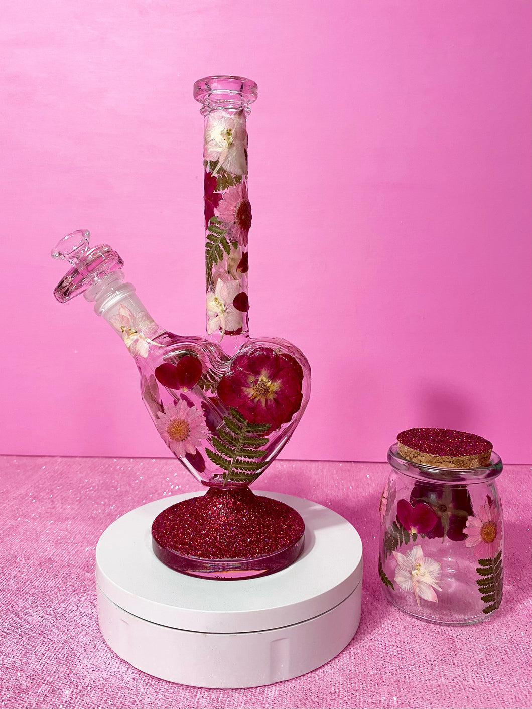 Pink Heart Bong- Red Floral
