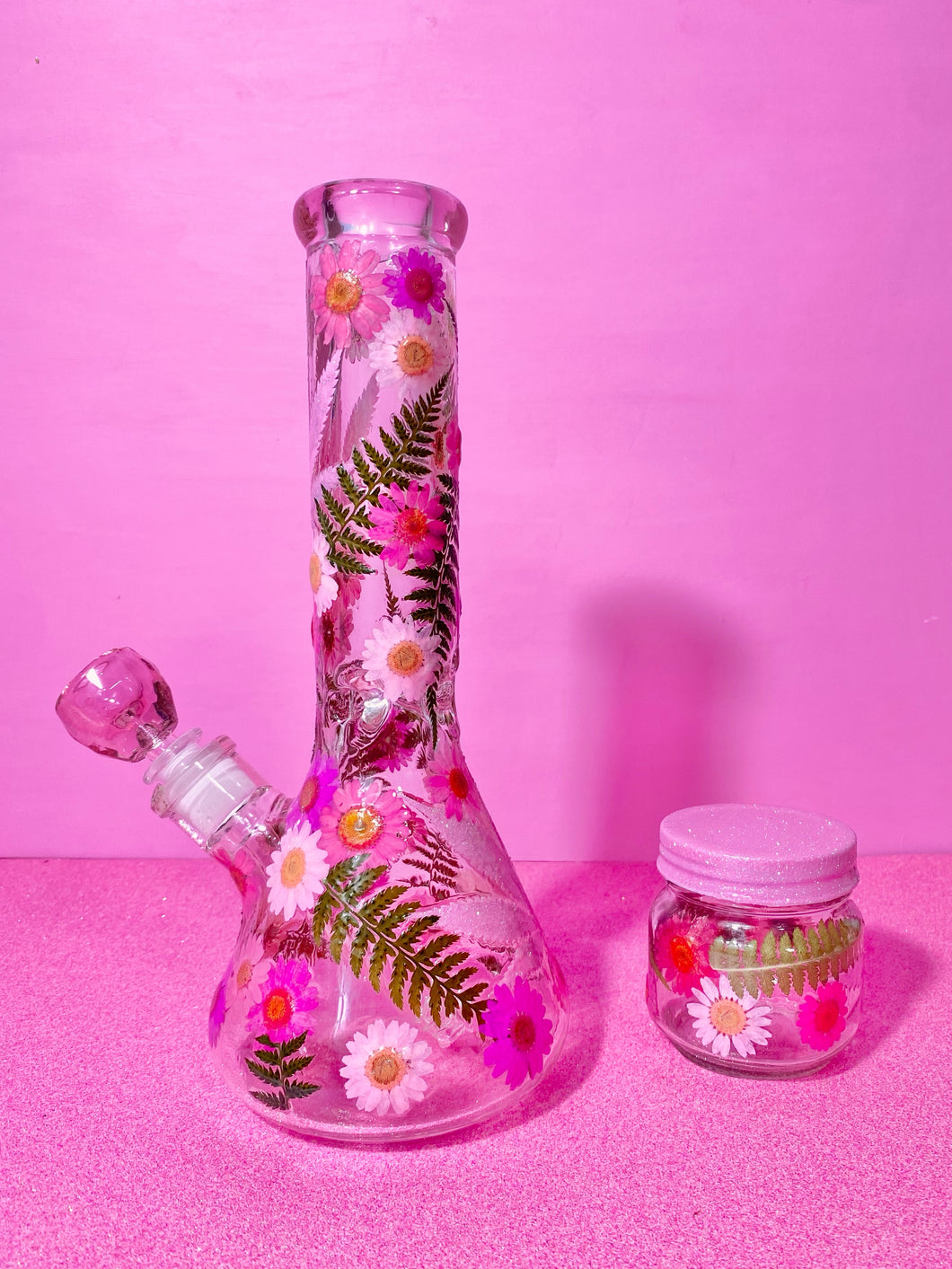Floral Beaker- Pink Glitter