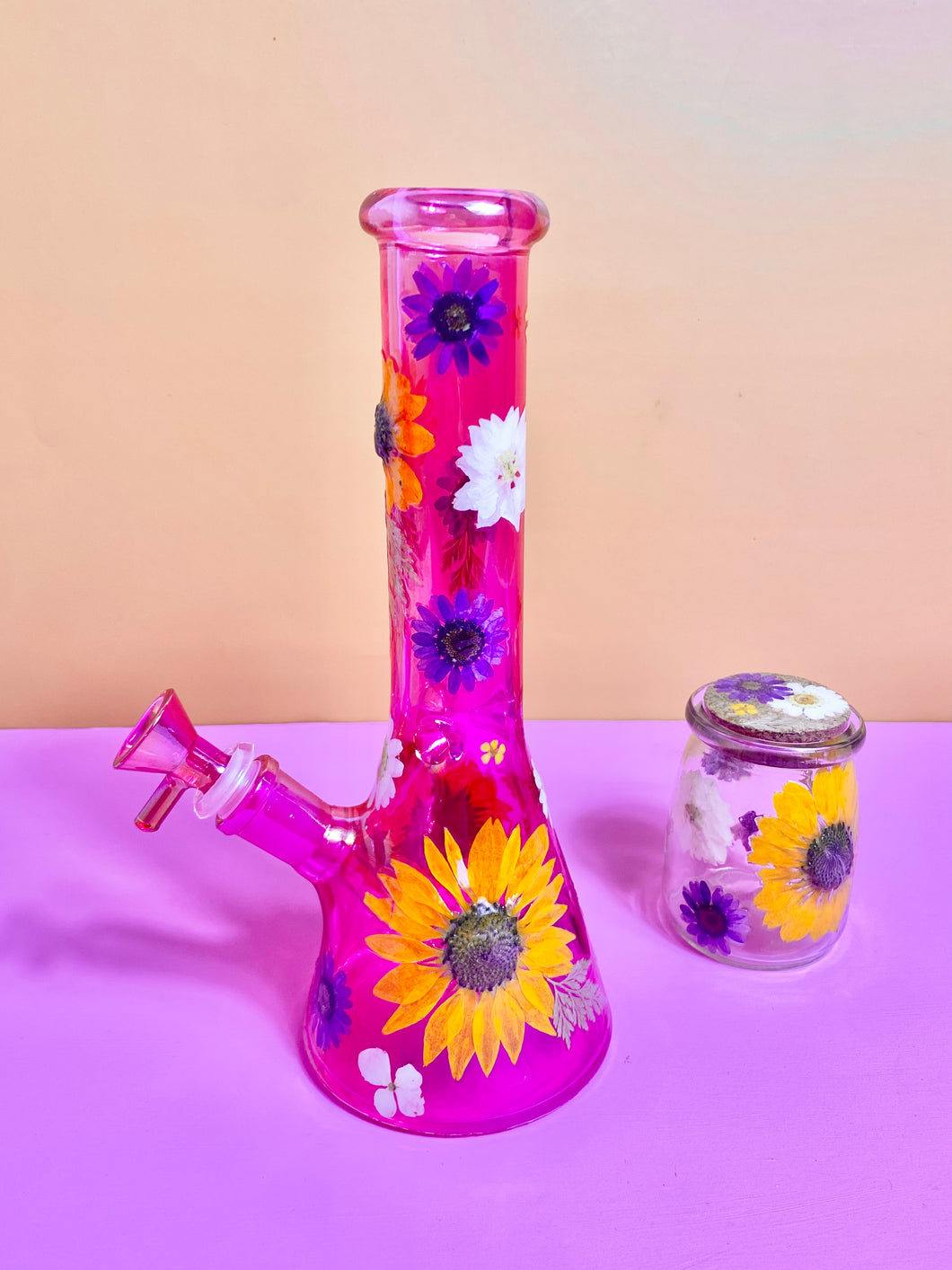 Pink Iridescent Bong with Flowers