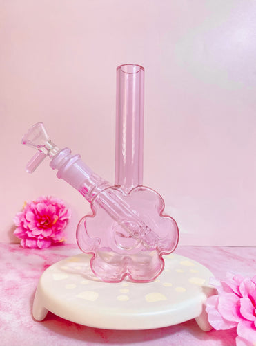 translucent pink bong with flower shaped base