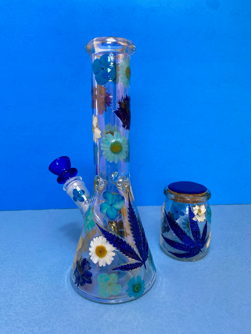 Iridescent Bong with Blue Flowers