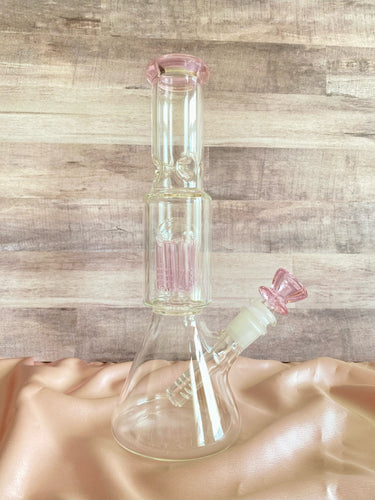 beaker bong with percolator and clear pink accents 
