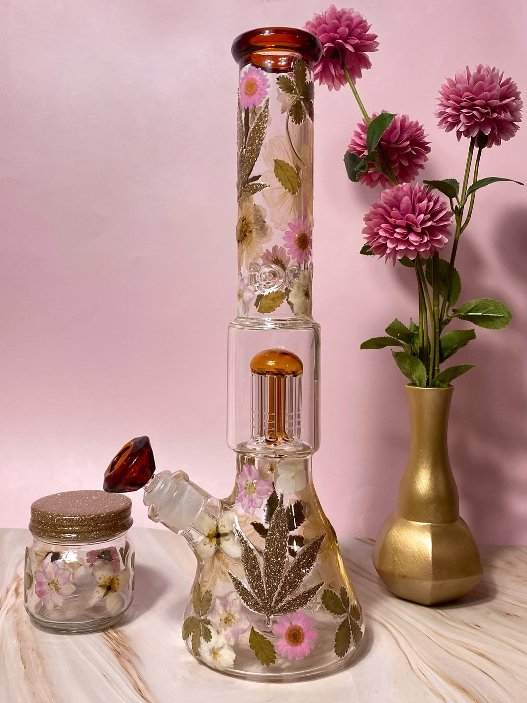bong with real flowers and amber accents
