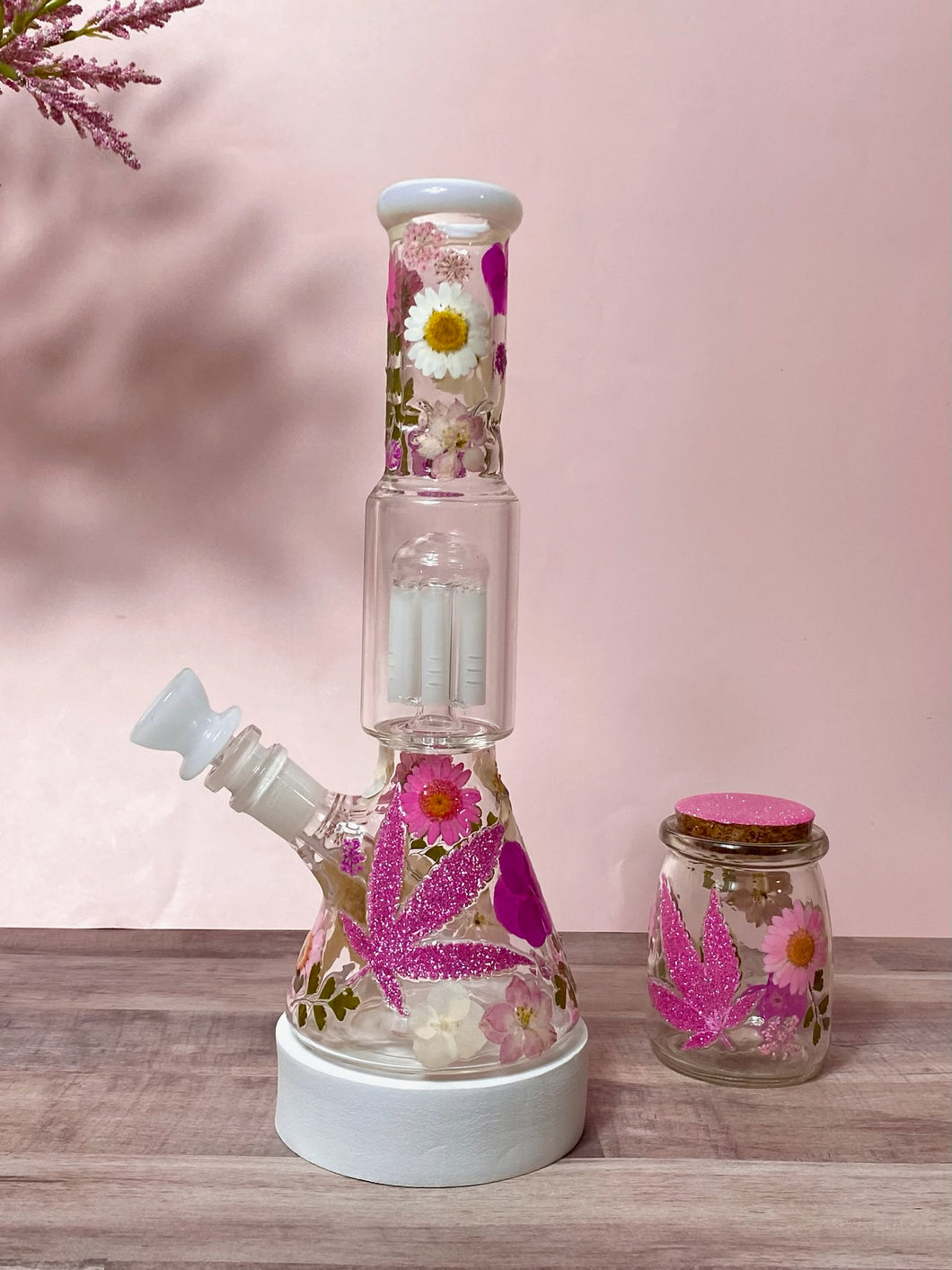 bong with pink flowers and white percolator