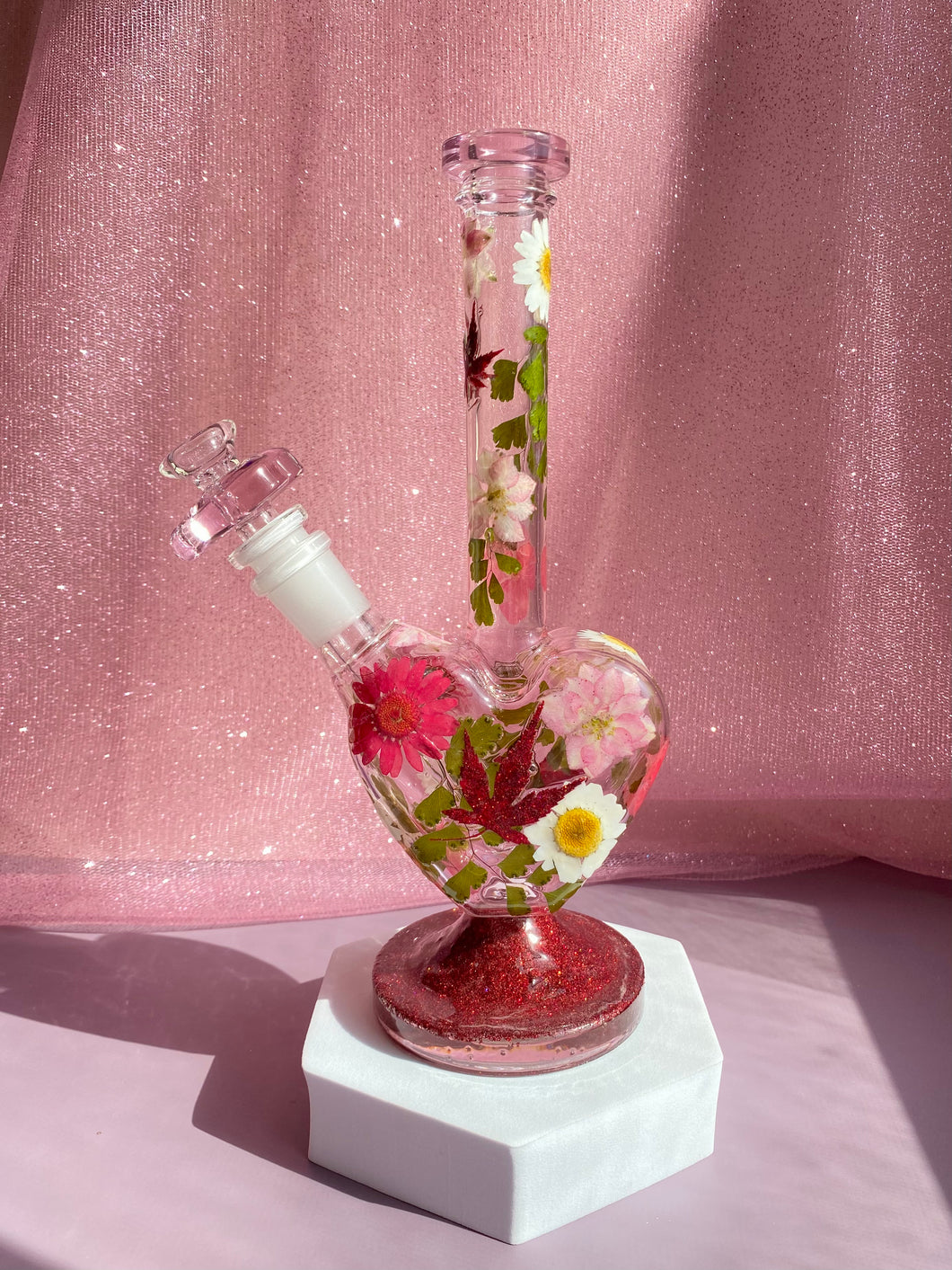 Pink Heart Bong | Red and White Floral