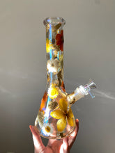 Load image into Gallery viewer, iridescent bong with orange flowers and gold flecks
