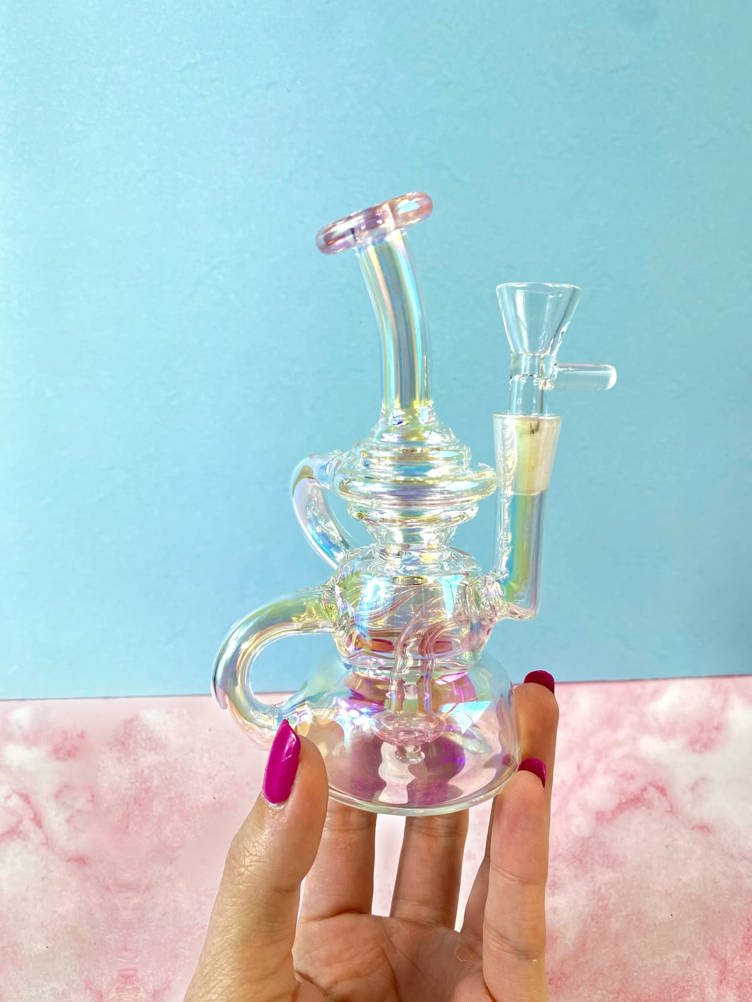 mini clear iridescent recycler with pink accent