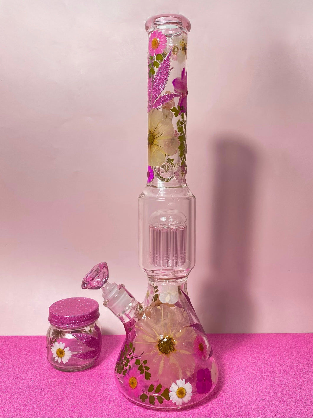 pink ombre bong with weed leaves