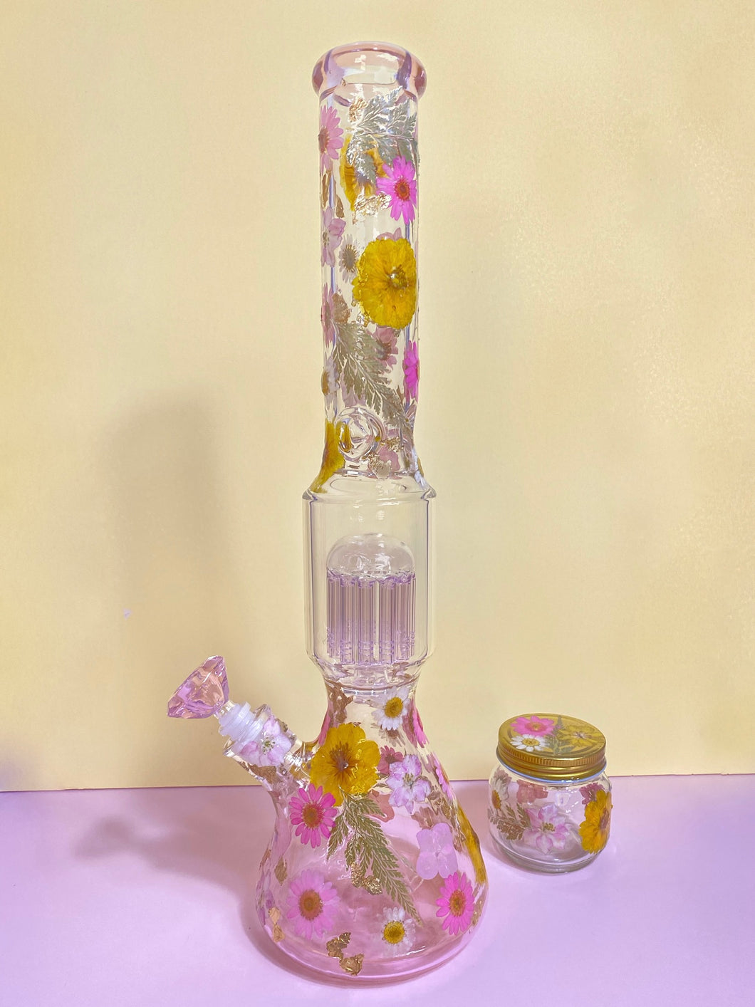 pink ombre bong with yellow flowers